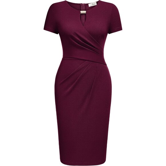 Women's Burgundy Keyhole Neck Sheath Dress Elegant Party Workwear Large - Picture 2 of 6